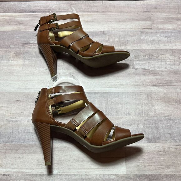 Liz Claiborne Brown Strappy Open-Toe Heels With Back Zipper Closure 7M - Picture 9 of 13